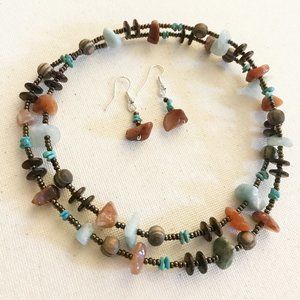 Forest Sunset Necklace Set Carnelian, Amazonite, Turquoise, Wood Festival Hippie